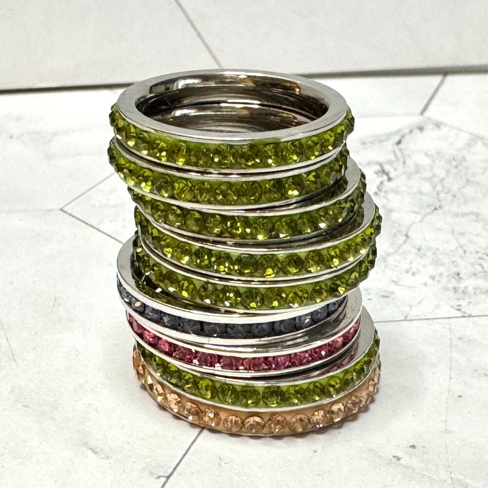 Lot of 9 Crystal Eternity Bands Green Lavender Pink Stacking Channel Set Various